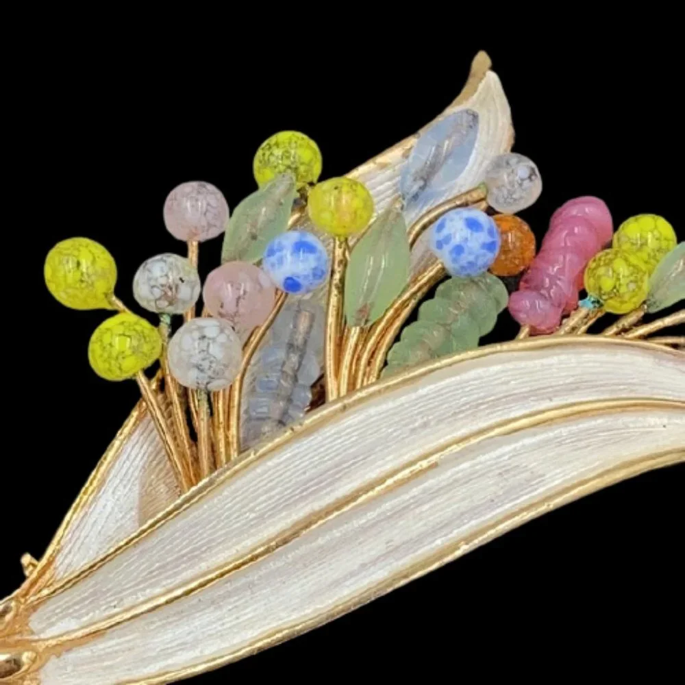 Vintage Kramer Art Glass Enamel Leaf Brooch